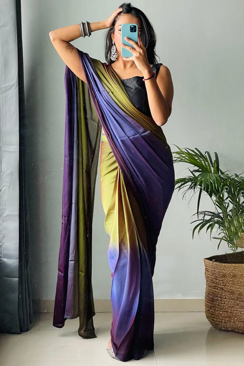 Whimsical 1-Minute Ready To Wear Mehndi and Blue Chiffon Silk Saree