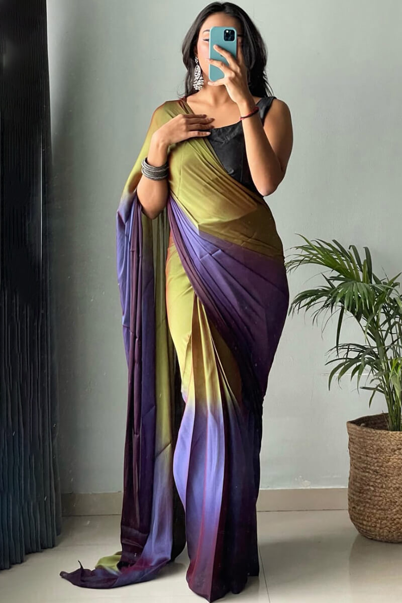 Whimsical 1-Minute Ready To Wear Mehndi and Blue Chiffon Silk Saree