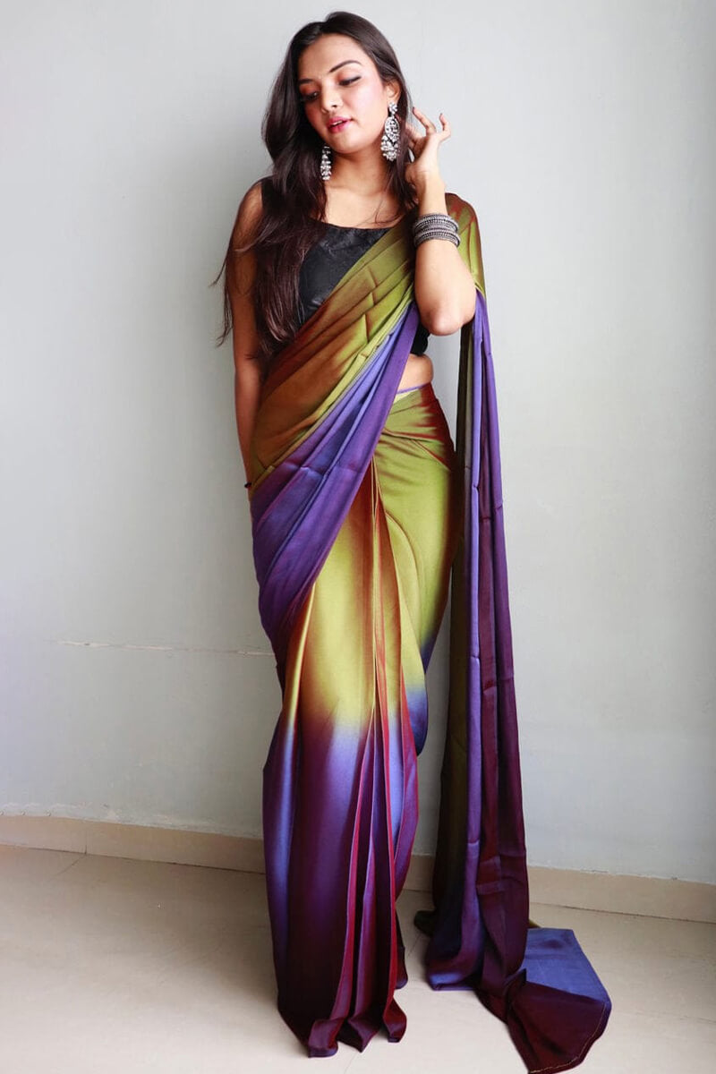 Whimsical 1-Minute Ready To Wear Mehndi and Blue Chiffon Silk Saree