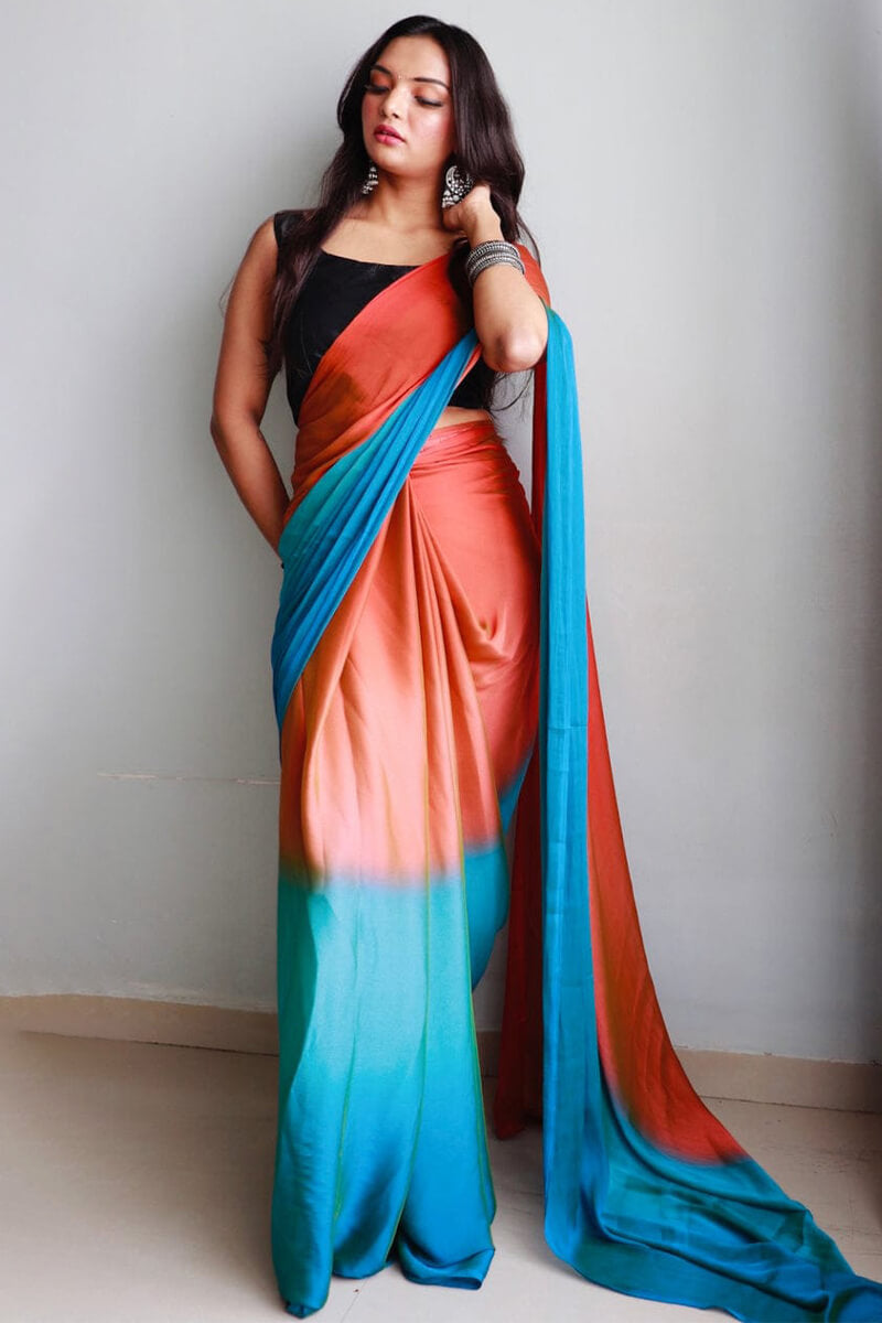 Designer 1-Minute Ready To Wear Orange and Firozi Chiffon Silk Saree