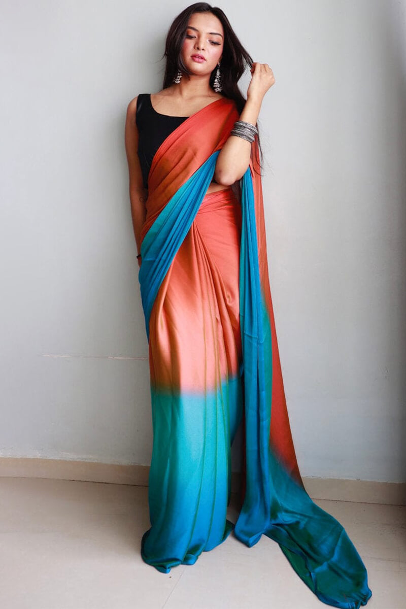 Designer 1-Minute Ready To Wear Orange and Firozi Chiffon Silk Saree