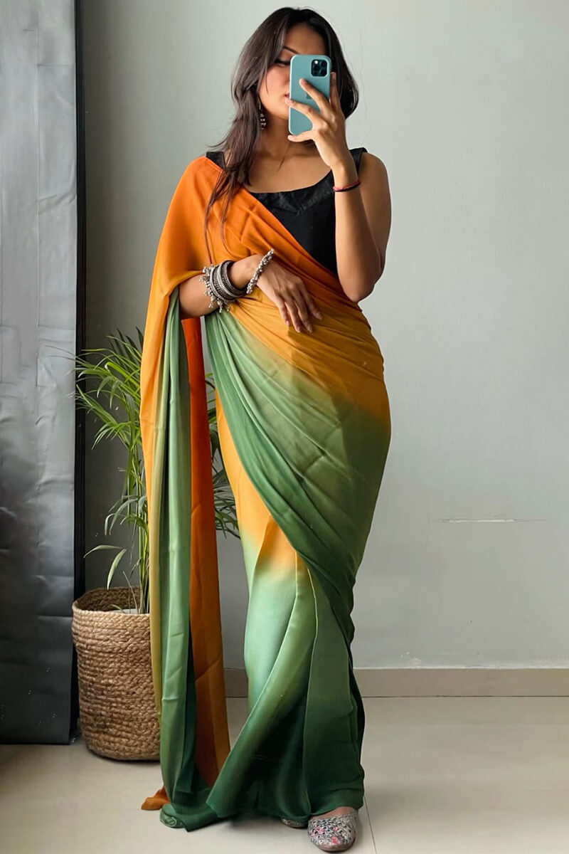 Woebegone 1-Minute Ready To Wear Orange and Green Chiffon Silk Saree