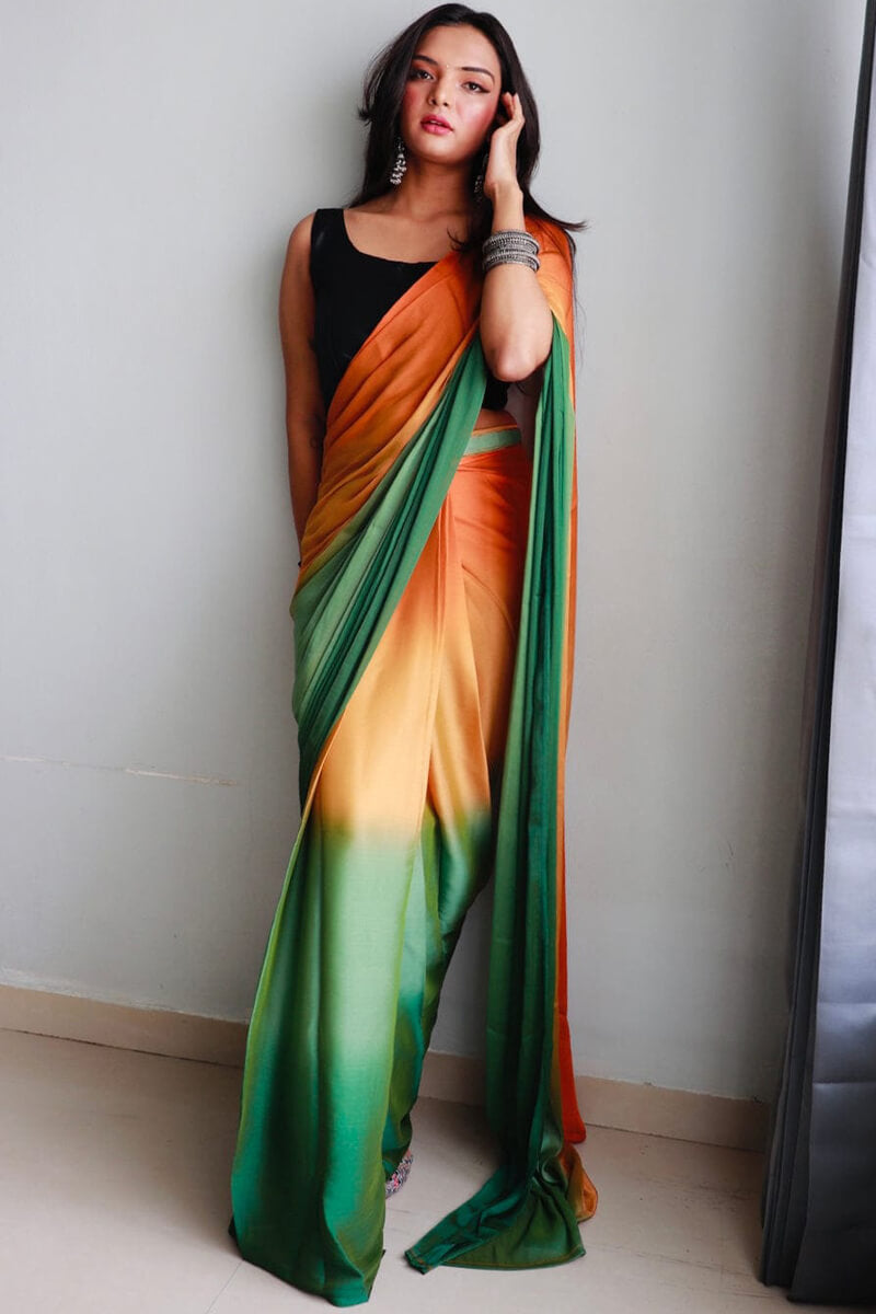 Woebegone 1-Minute Ready To Wear Orange and Green Chiffon Silk Saree