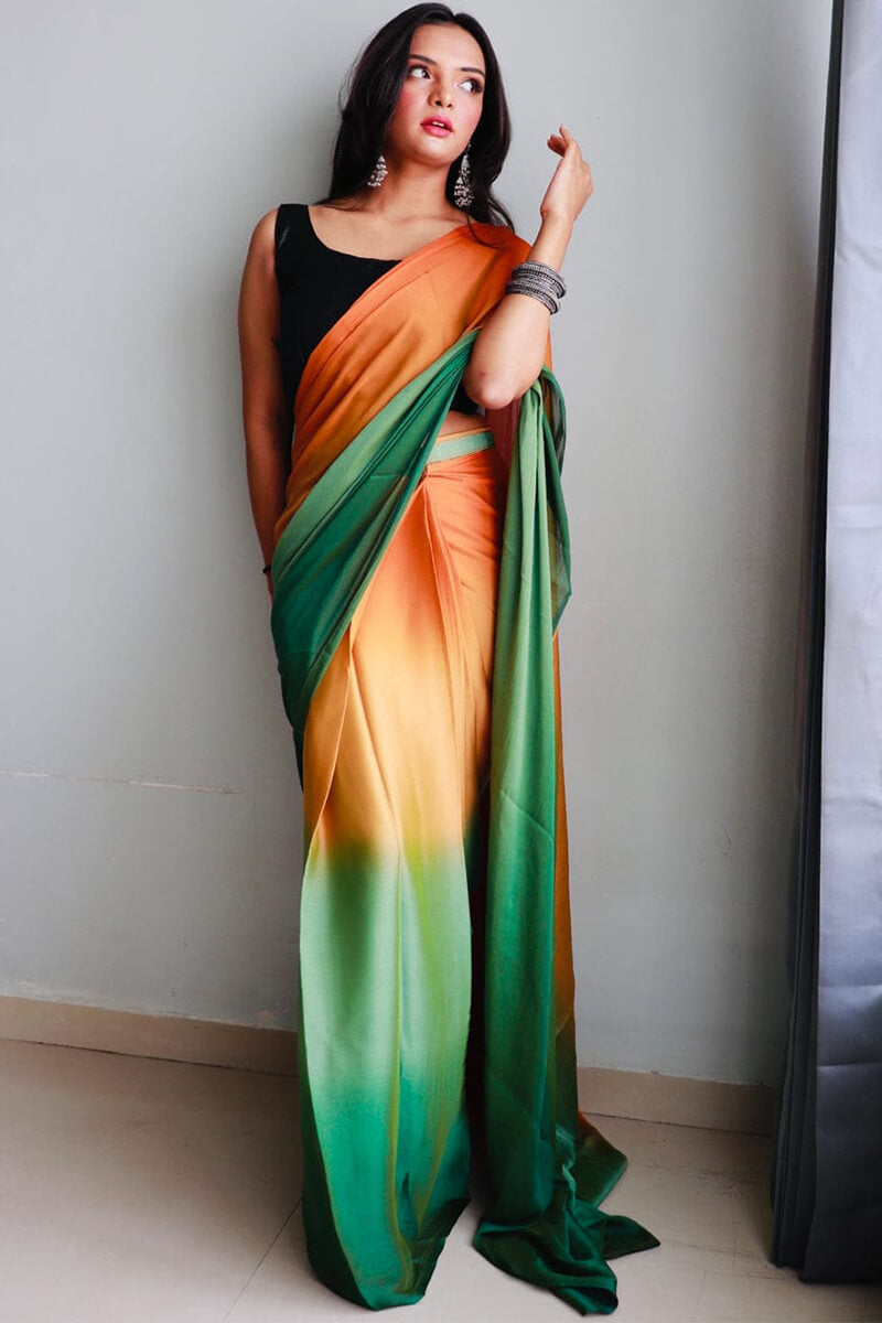 Woebegone 1-Minute Ready To Wear Orange and Green Chiffon Silk Saree