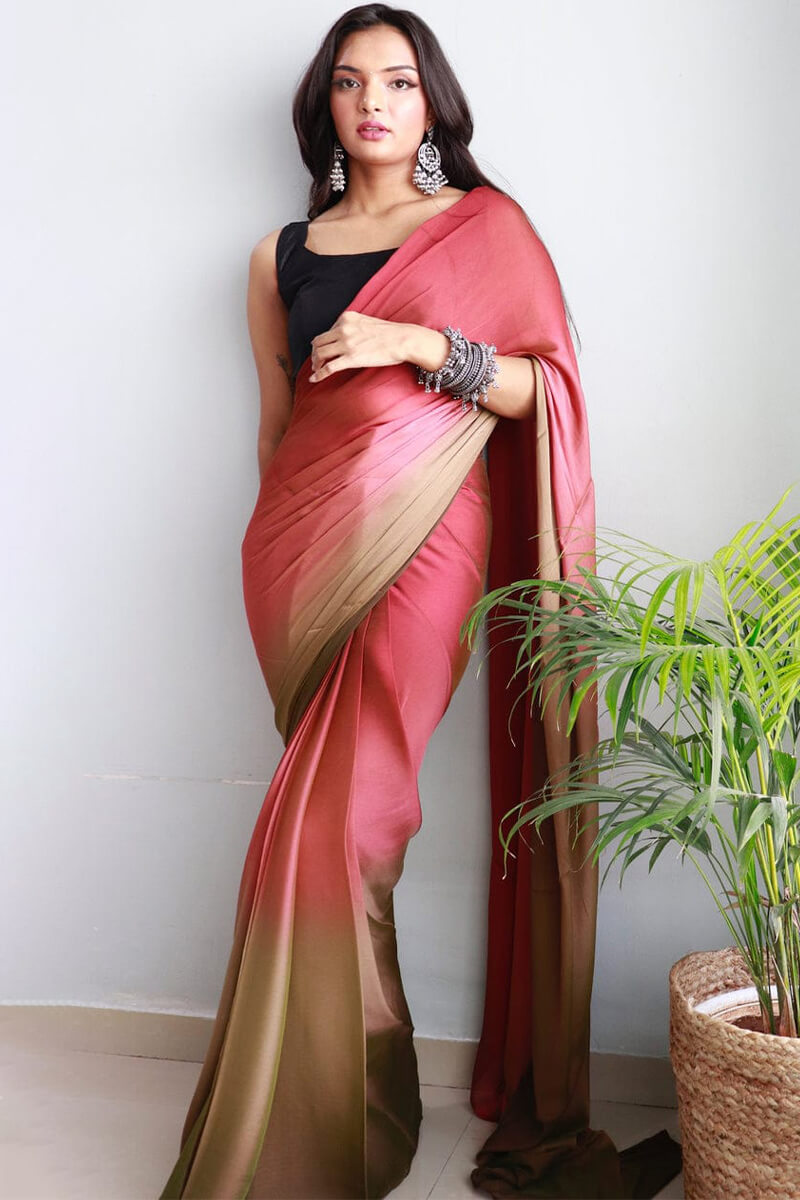 Imaginative 1-Minute Ready To Wear Pink and Brown Chiffon Silk Saree