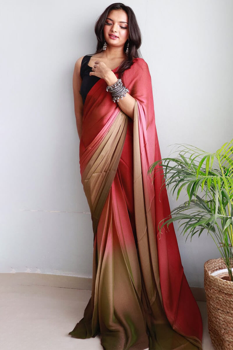 Imaginative 1-Minute Ready To Wear Pink and Brown Chiffon Silk Saree