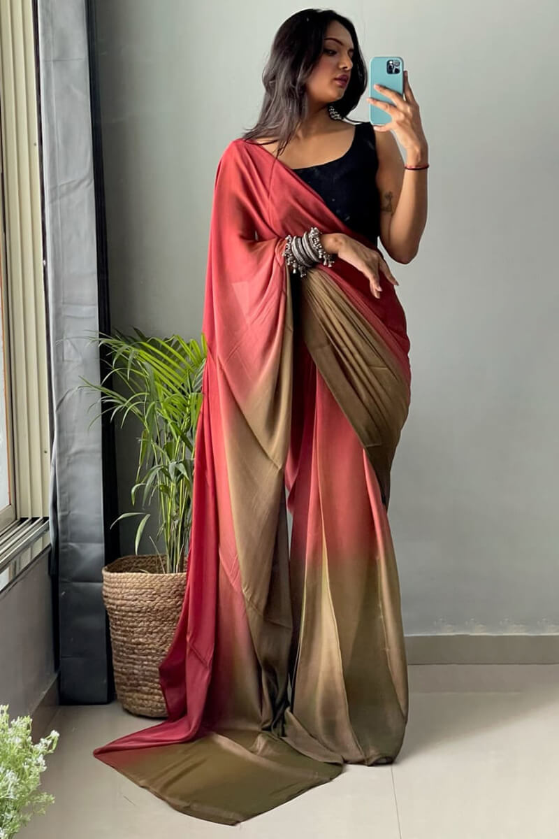 Imaginative 1-Minute Ready To Wear Pink and Brown Chiffon Silk Saree