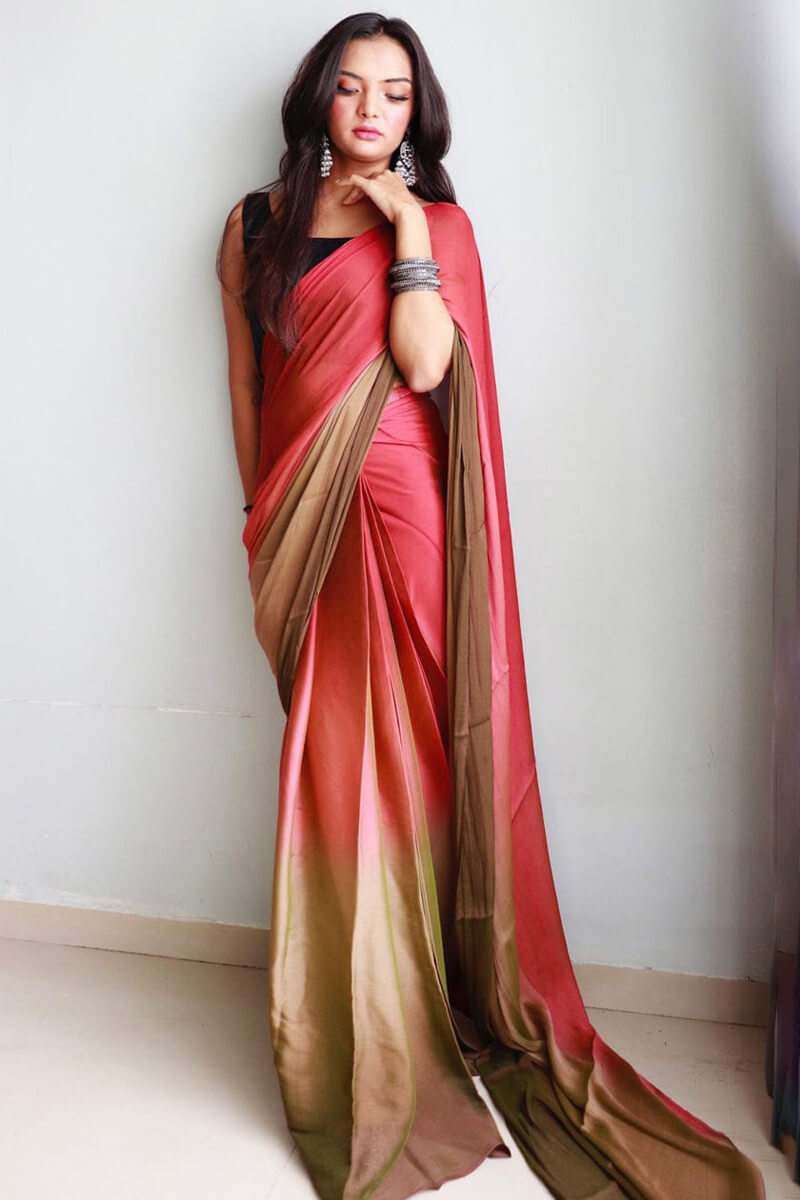 Imaginative 1-Minute Ready To Wear Pink and Brown Chiffon Silk Saree