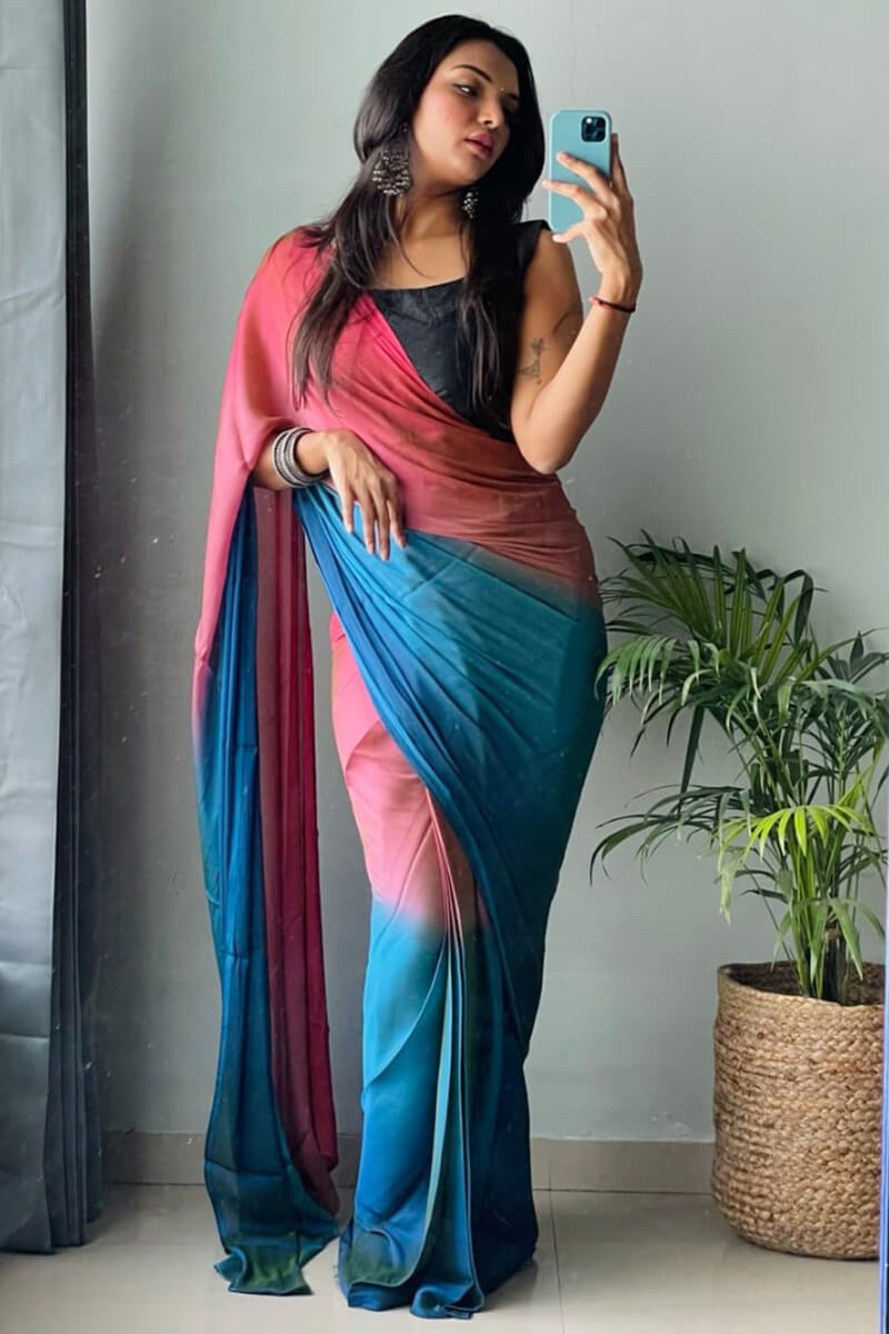 Enamoring 1-Minute Ready To Wear Pink and Firozi Chiffon Silk Saree
