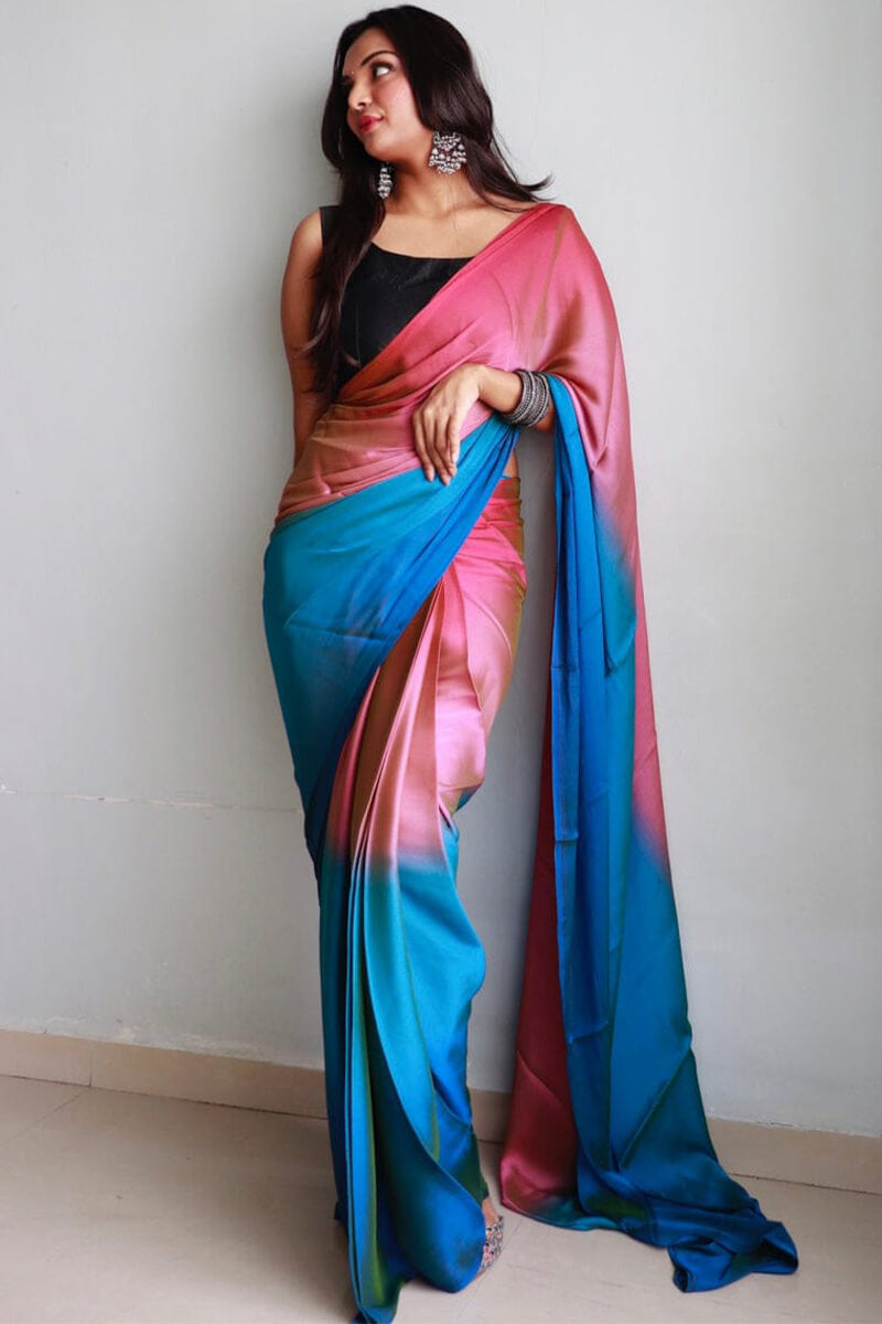 Enamoring 1-Minute Ready To Wear Pink and Firozi Chiffon Silk Saree