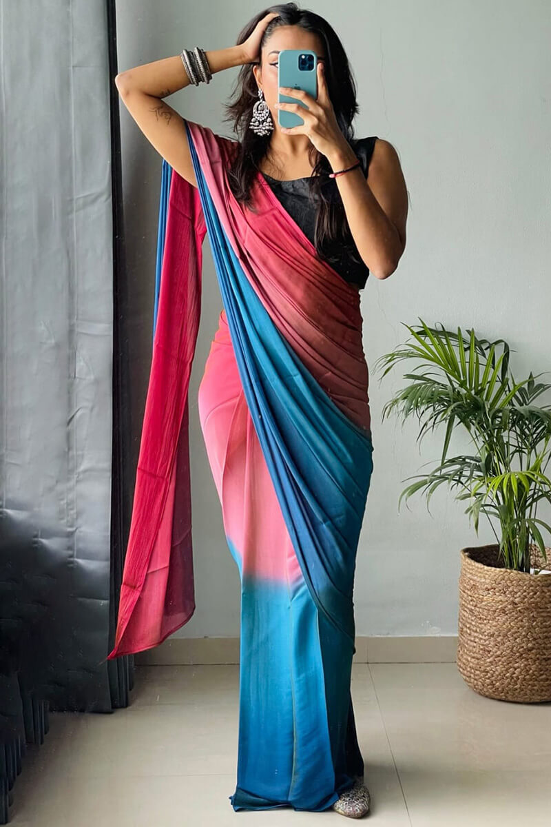 Enamoring 1-Minute Ready To Wear Pink and Firozi Chiffon Silk Saree