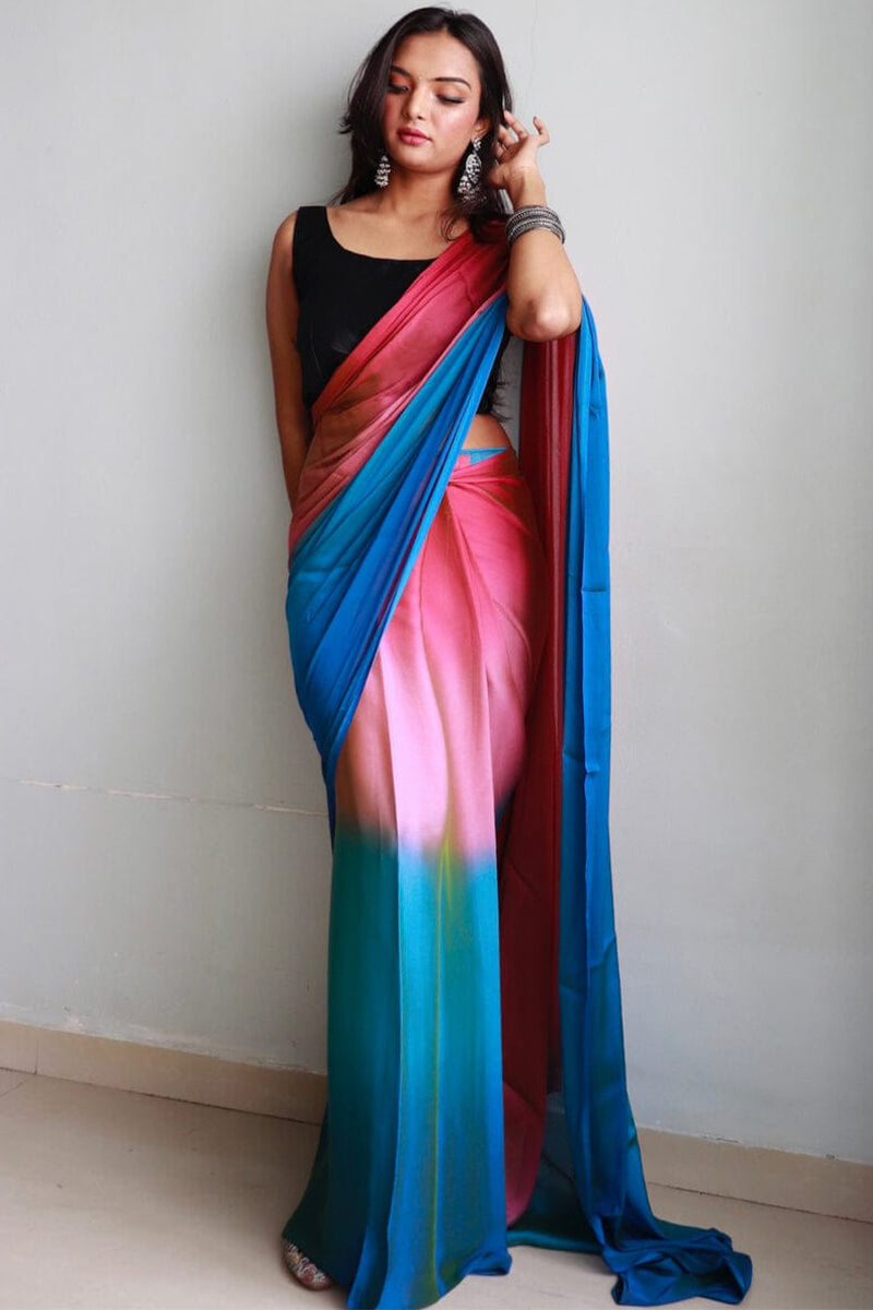 Enamoring 1-Minute Ready To Wear Pink and Firozi Chiffon Silk Saree