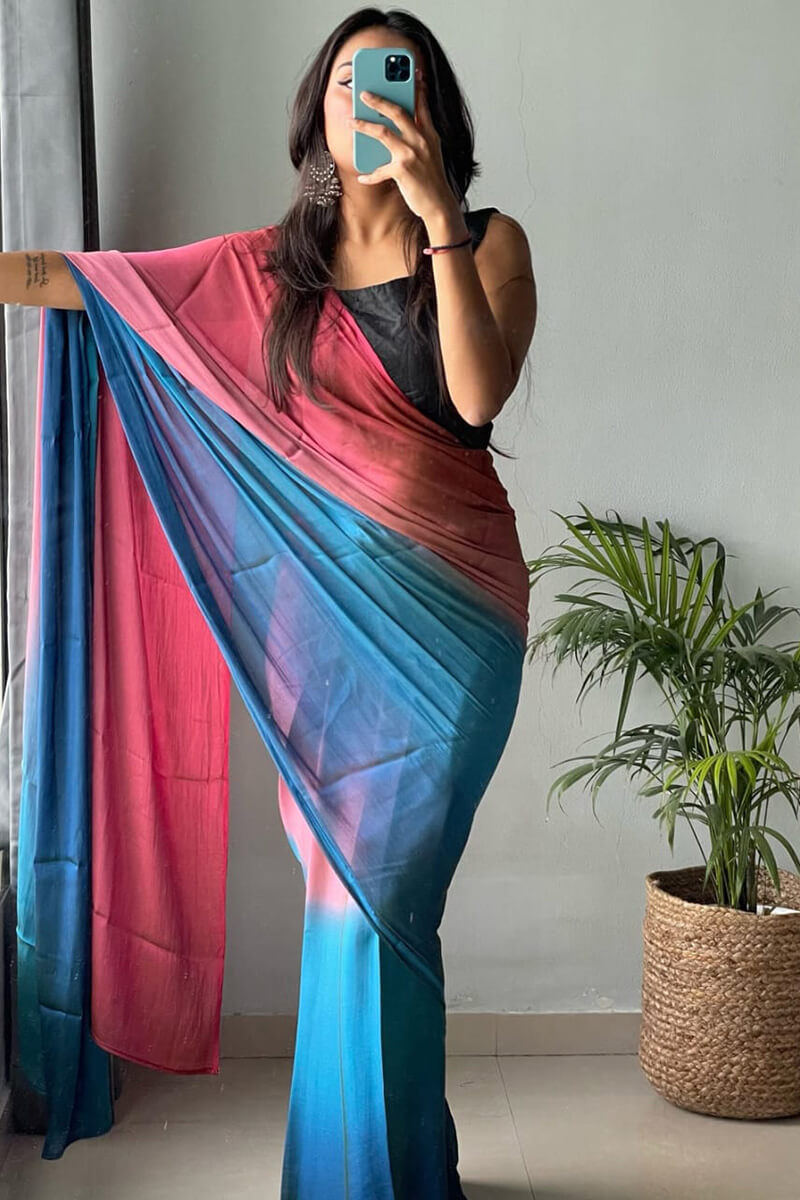 Enamoring 1-Minute Ready To Wear Pink and Firozi Chiffon Silk Saree