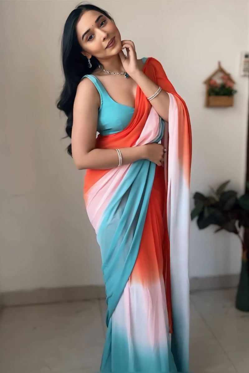 Sonorous 1-Minute Ready To Wear Orange and Firozi Georgette Saree