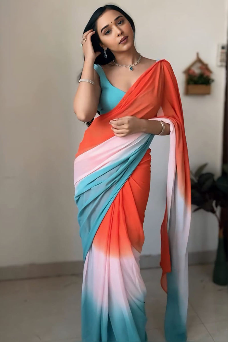 Sonorous 1-Minute Ready To Wear Orange and Firozi Georgette Saree
