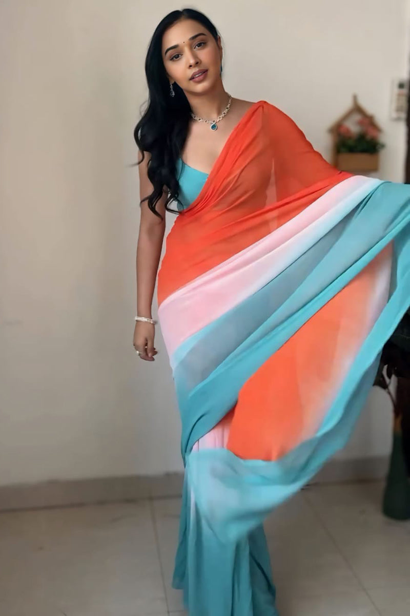 Sonorous 1-Minute Ready To Wear Orange and Firozi Georgette Saree