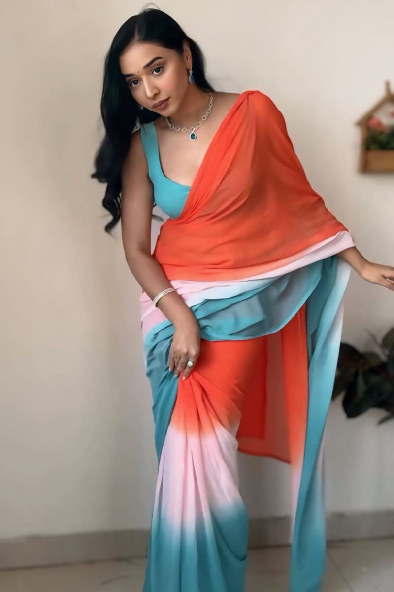 Sonorous 1-Minute Ready To Wear Orange and Firozi Georgette Saree