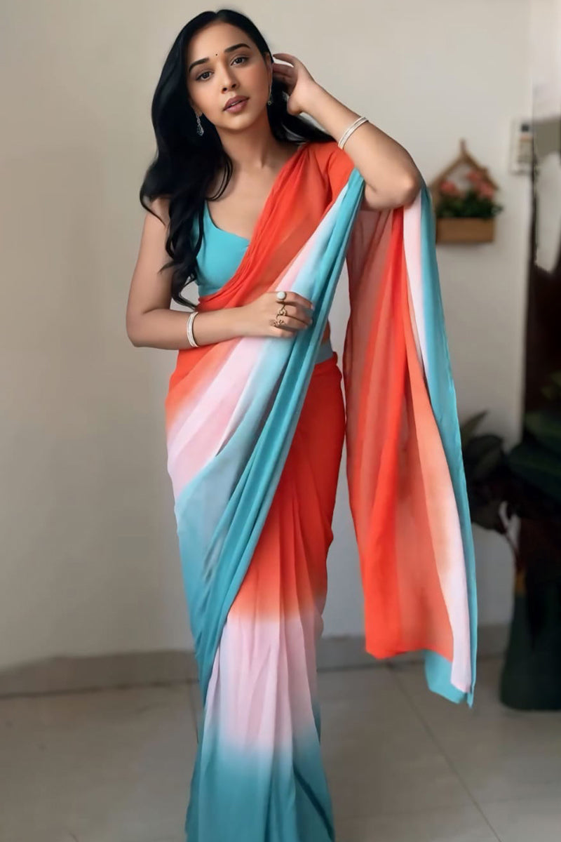 Sonorous 1-Minute Ready To Wear Orange and Firozi Georgette Saree