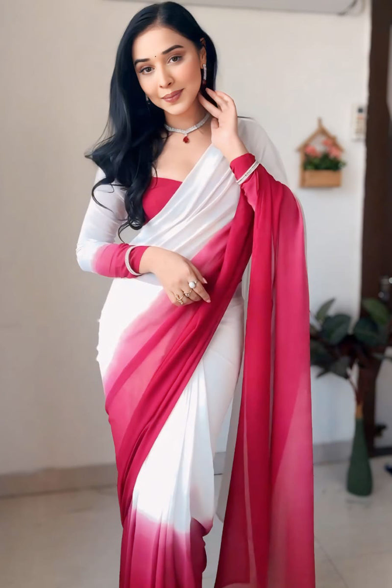 Efflorescence 1-Minute Ready To Wear Dark Pink and White Georgette Saree