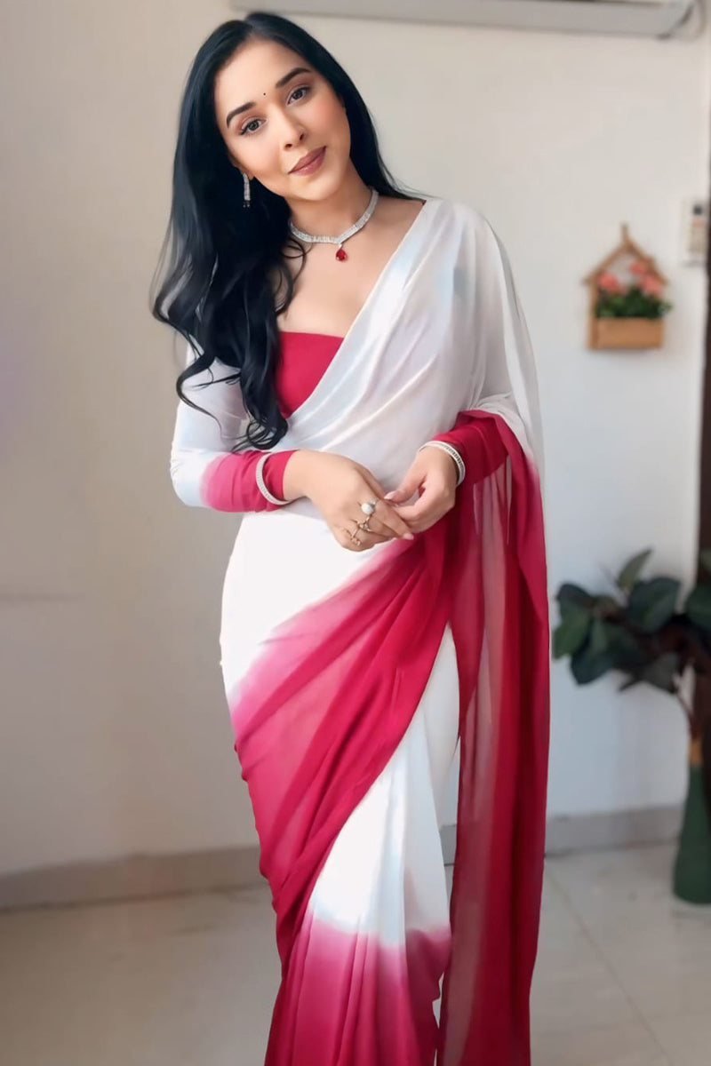 Efflorescence 1-Minute Ready To Wear Dark Pink and White Georgette Saree