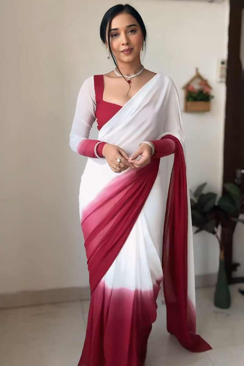 Efflorescence 1-Minute Ready To Wear Dark Pink and White Georgette Saree