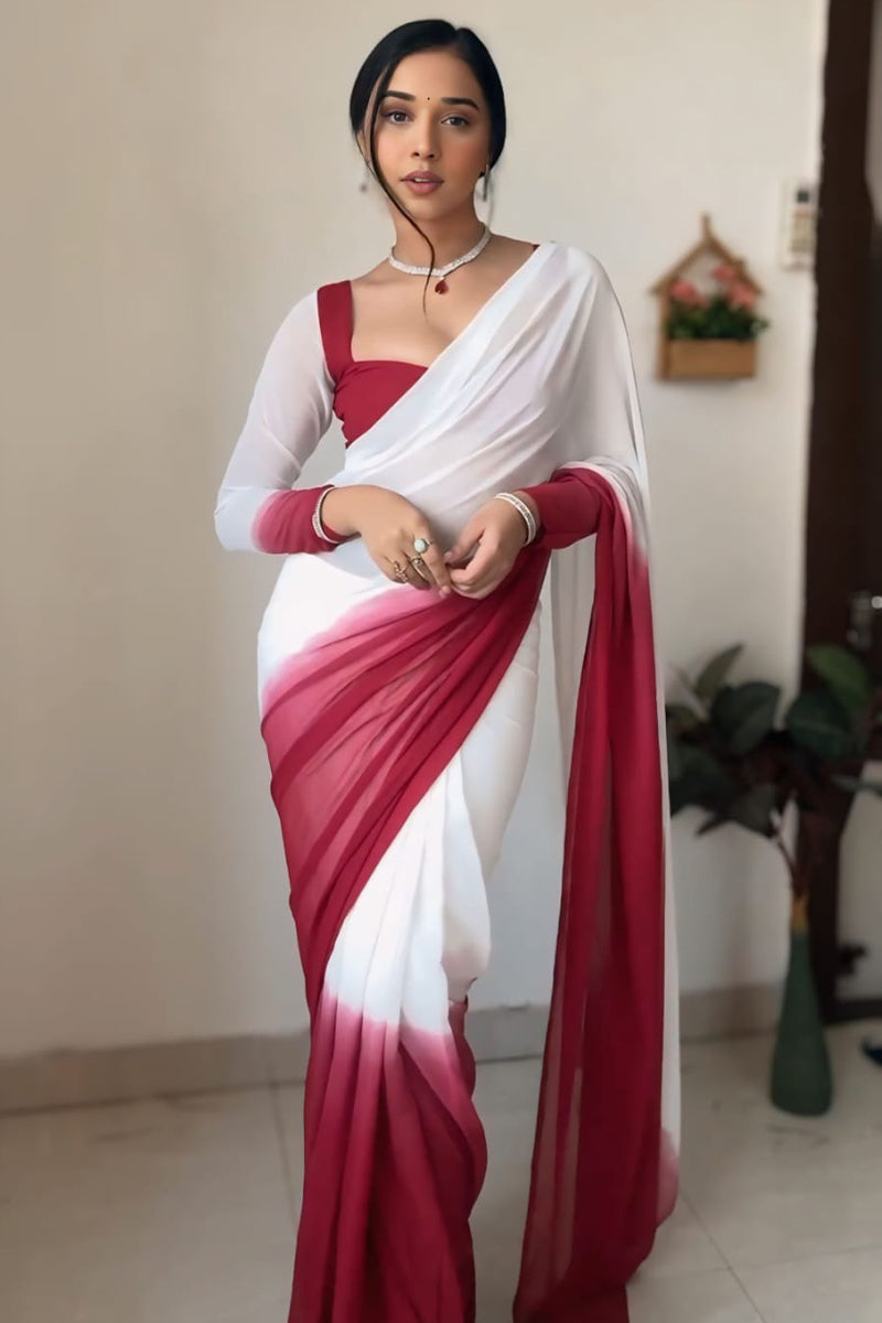 Efflorescence 1-Minute Ready To Wear Dark Pink and White Georgette Saree