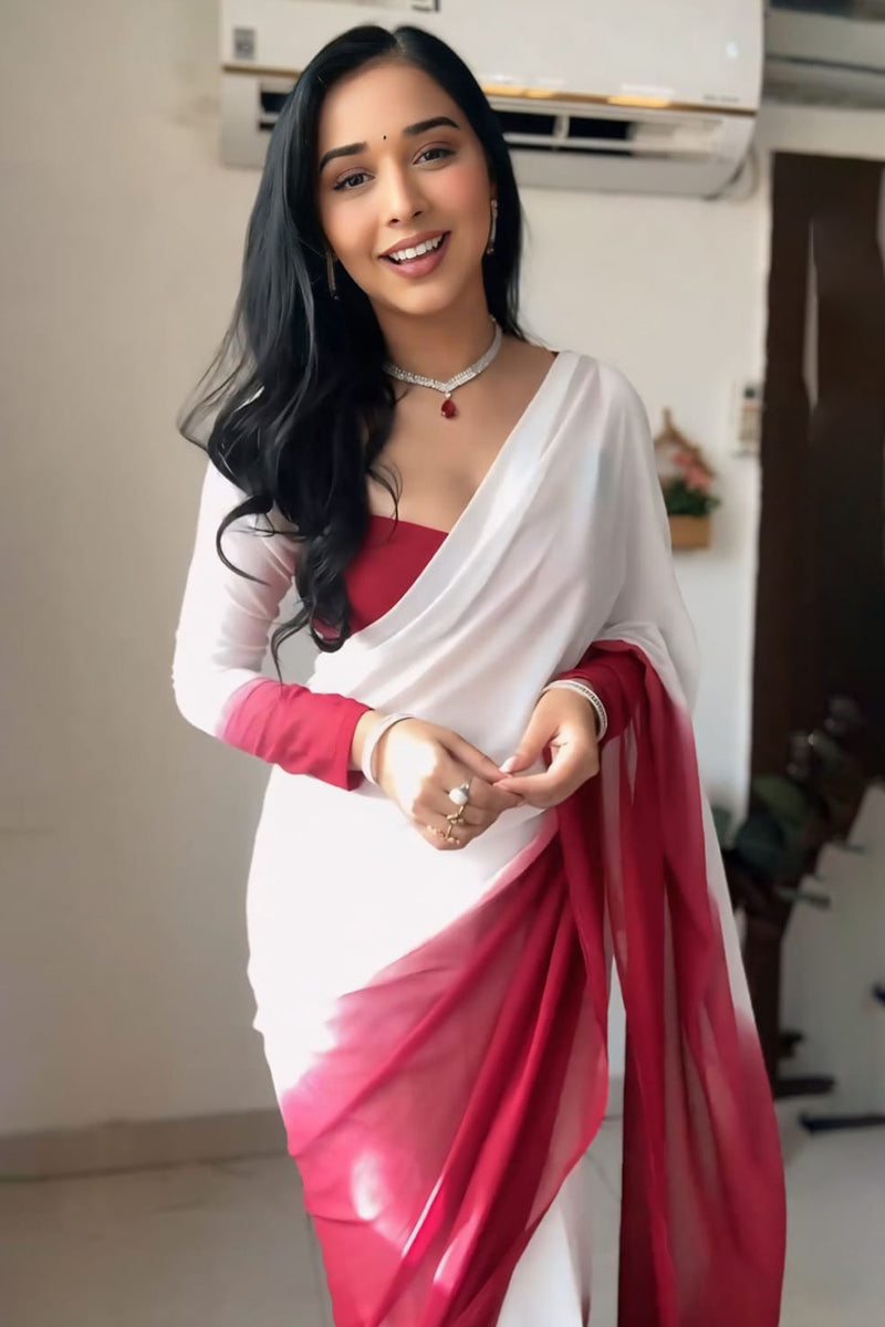 Efflorescence 1-Minute Ready To Wear Dark Pink and White Georgette Saree