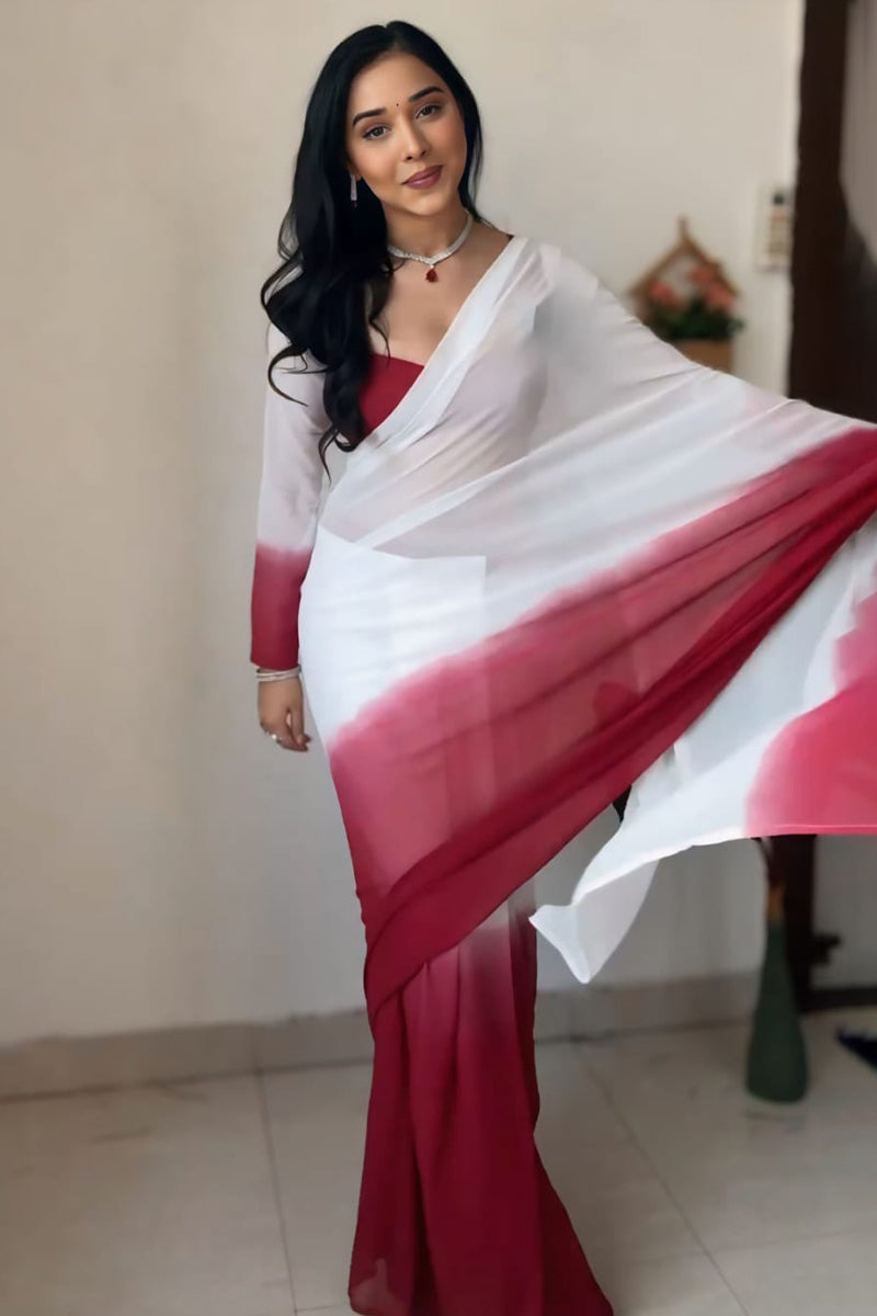 Efflorescence 1-Minute Ready To Wear Dark Pink and White Georgette Saree