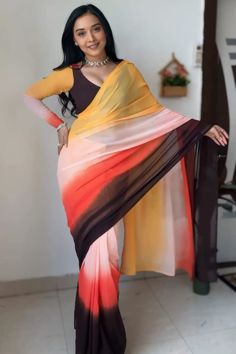 Refreshing 1-Minute Ready To Wear Yellow and Brown Georgette Saree
