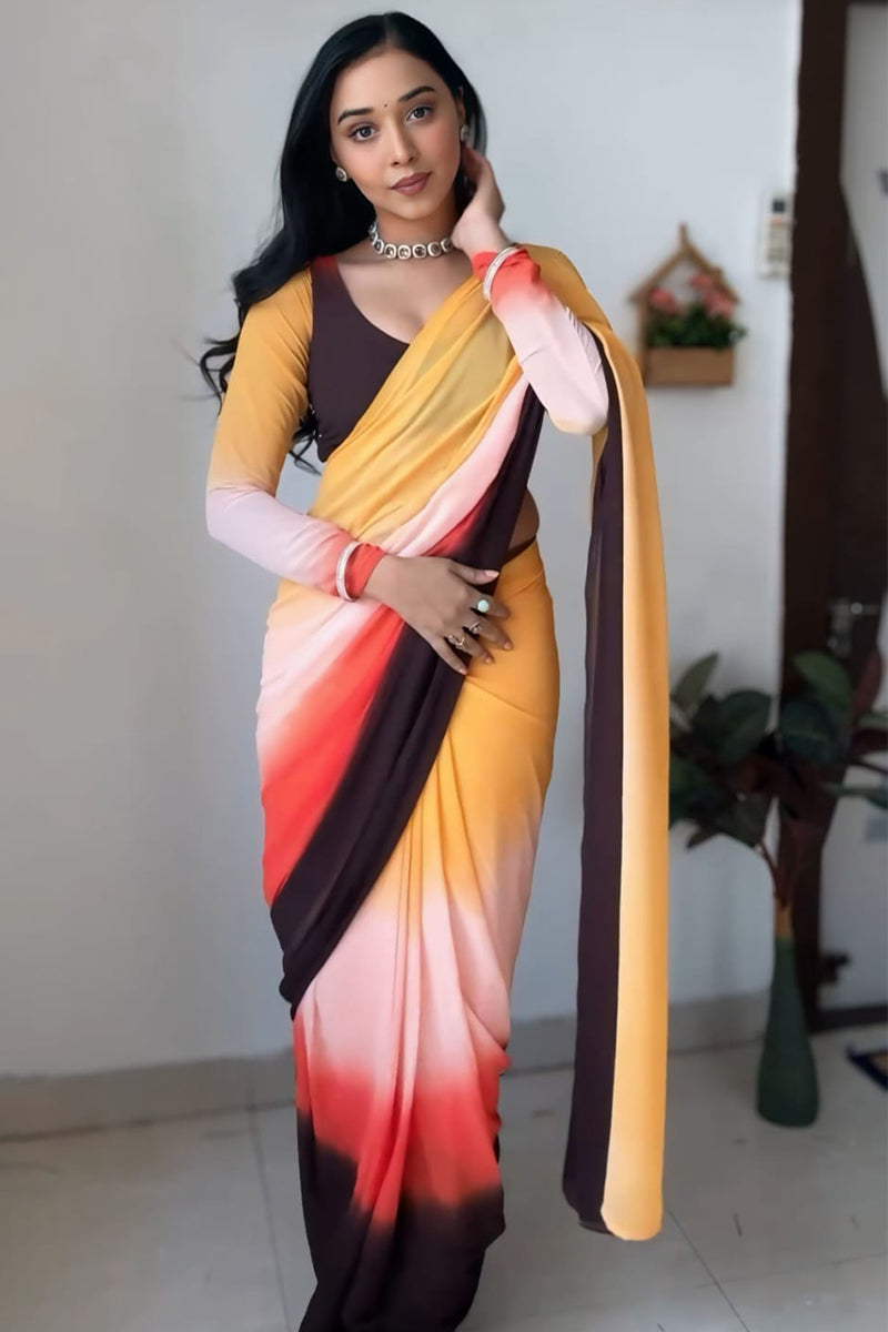 Refreshing 1-Minute Ready To Wear Yellow and Brown Georgette Saree