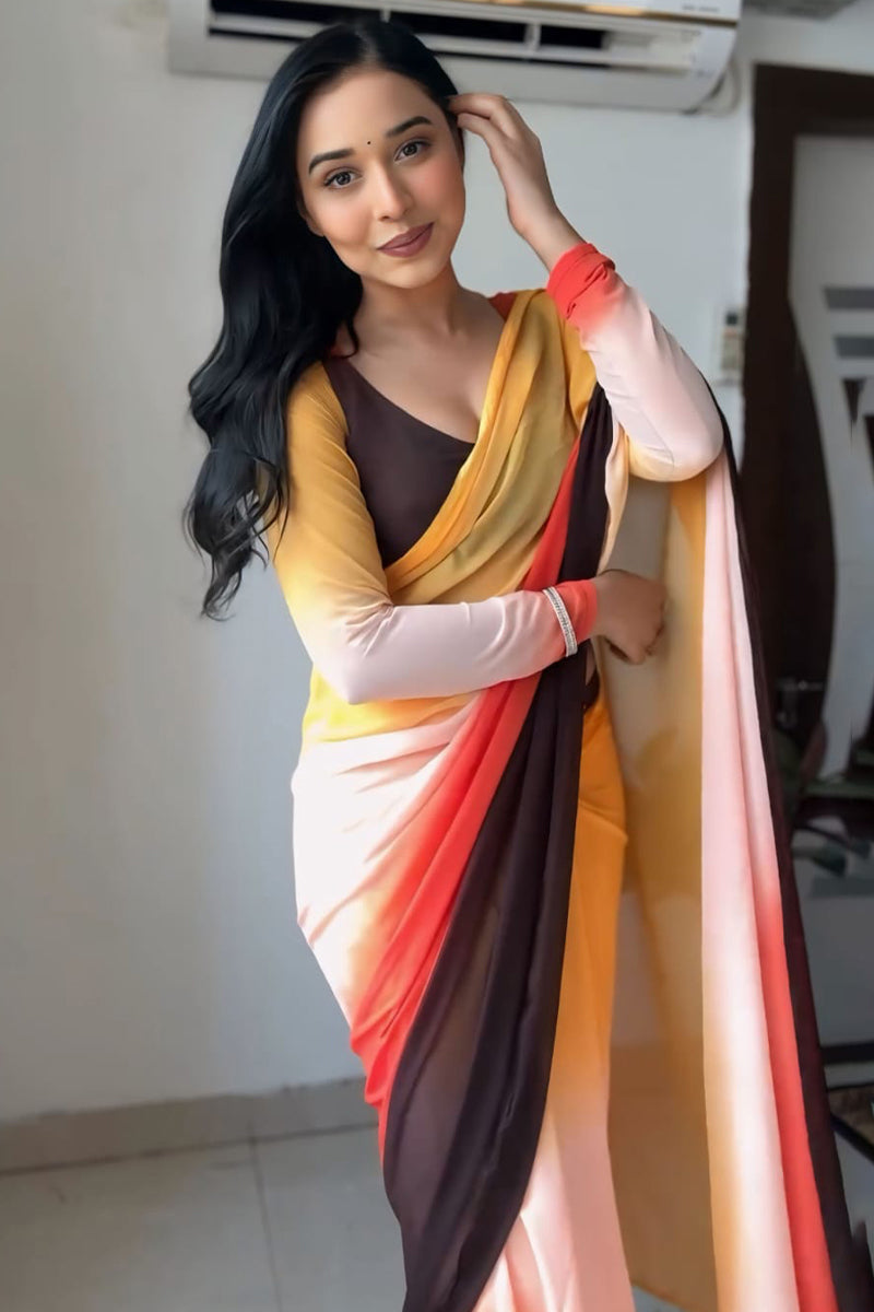 Refreshing 1-Minute Ready To Wear Yellow and Brown Georgette Saree