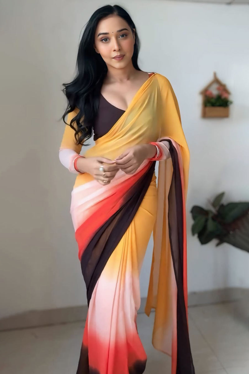 Refreshing 1-Minute Ready To Wear Yellow and Brown Georgette Saree