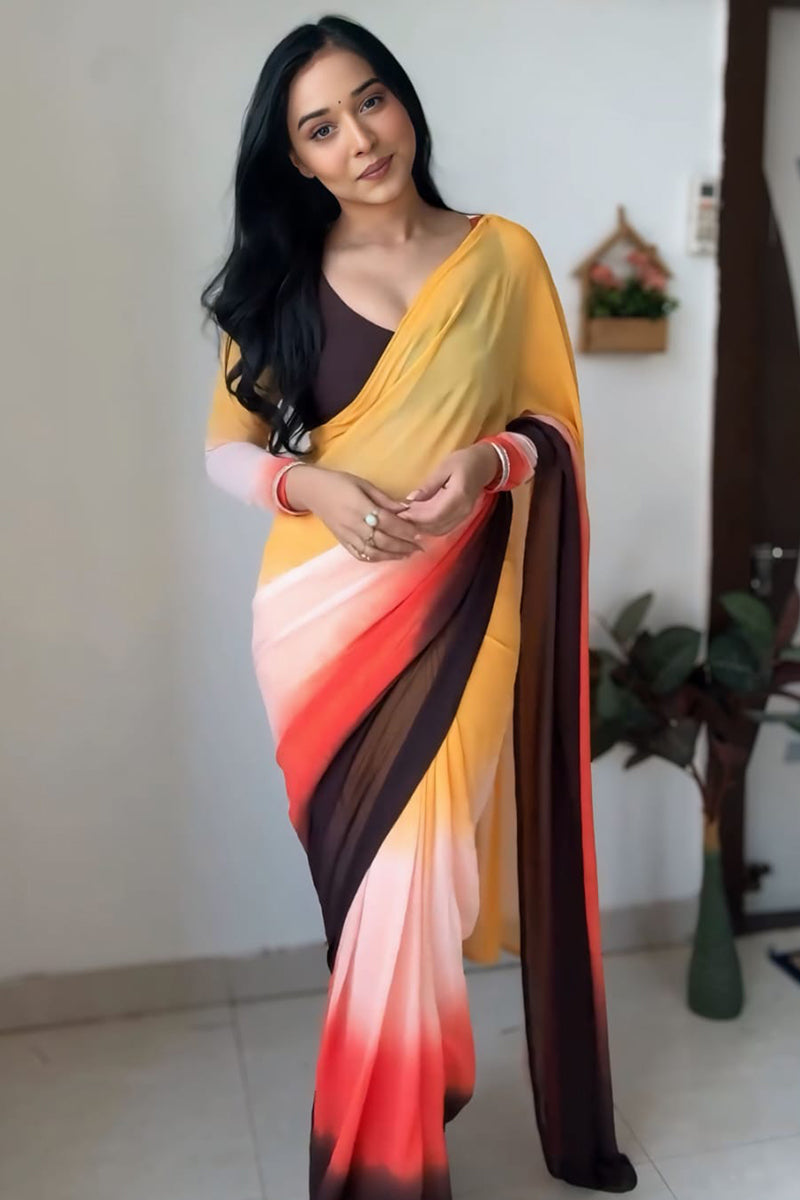 Refreshing 1-Minute Ready To Wear Yellow and Brown Georgette Saree