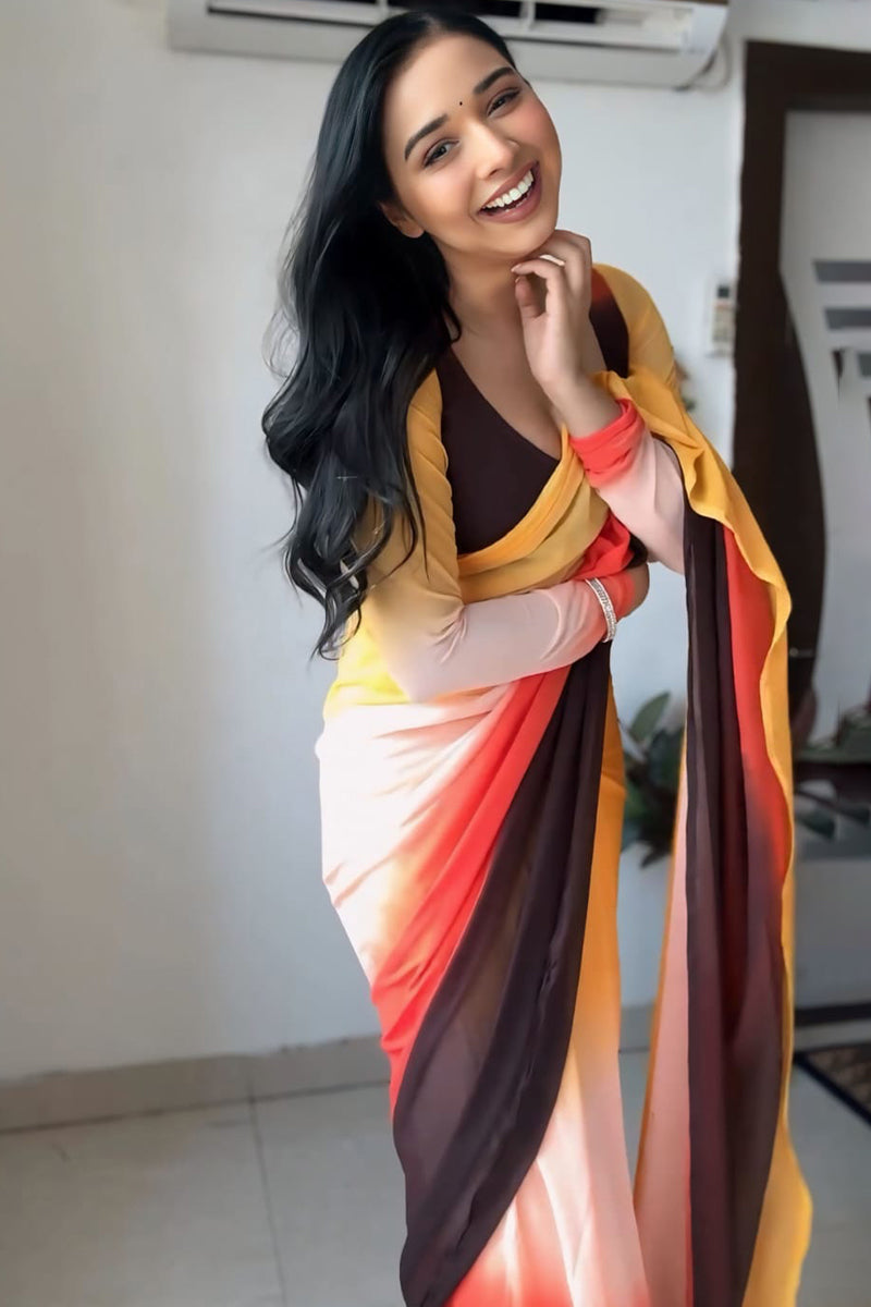 Refreshing 1-Minute Ready To Wear Yellow and Brown Georgette Saree