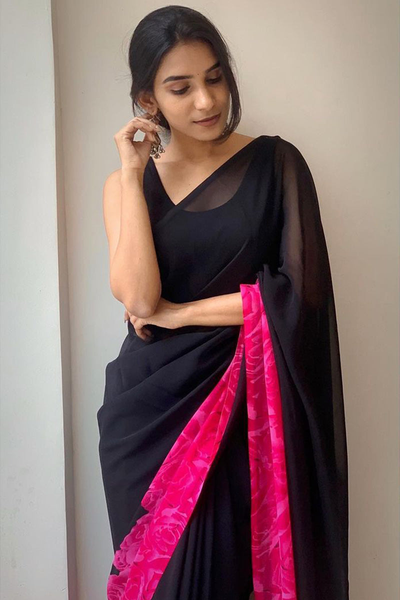 Cynosure 1-Minute Ready To Wear Black Georgette Saree