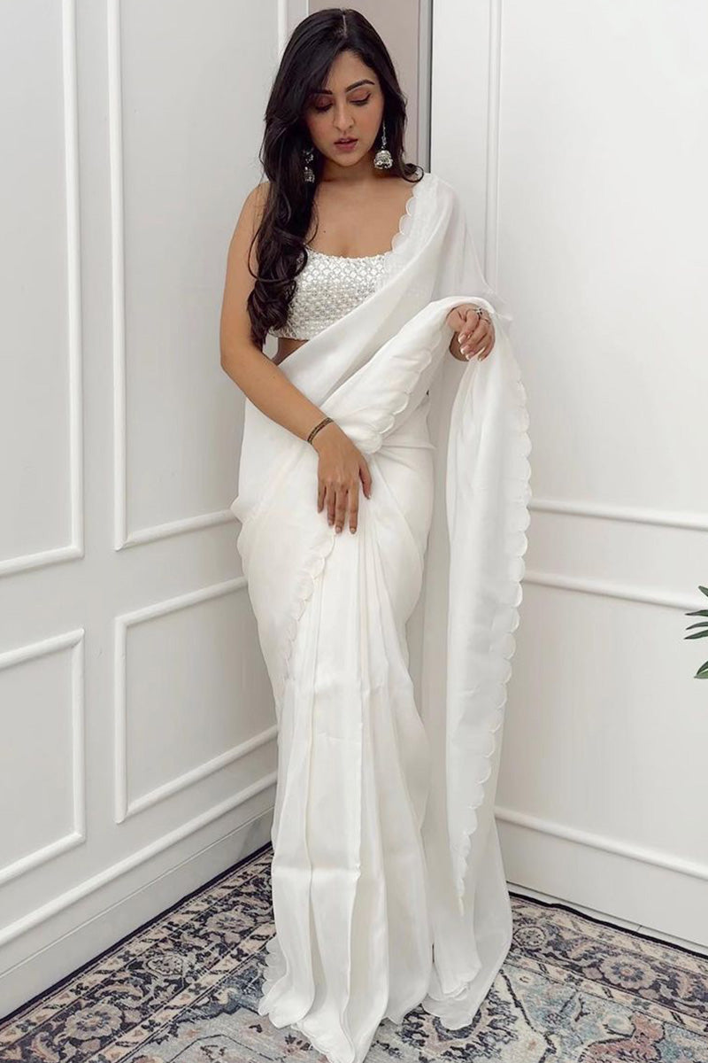 Symmetrical 1-Minute Ready To Wear White Georgette Saree