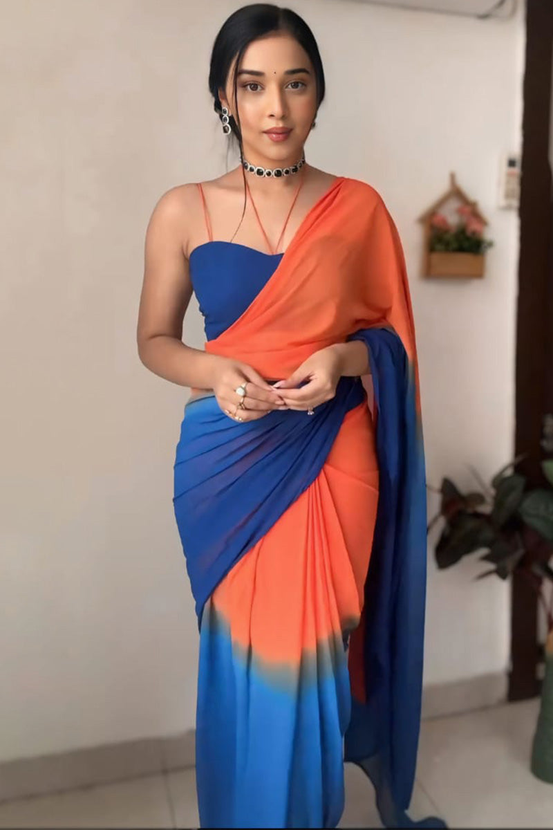 Elaborate 1-Minute Ready To Wear Orange and Blue Georgette Saree