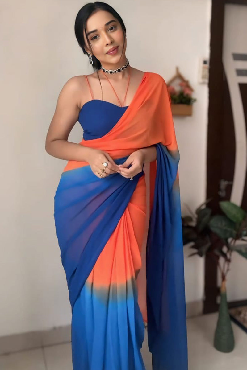 Elaborate 1-Minute Ready To Wear Orange and Blue Georgette Saree
