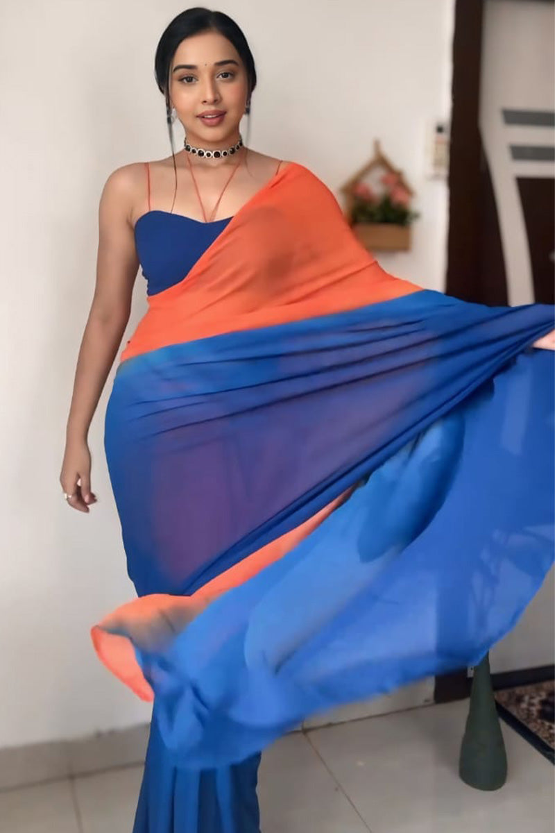 Elaborate 1-Minute Ready To Wear Orange and Blue Georgette Saree