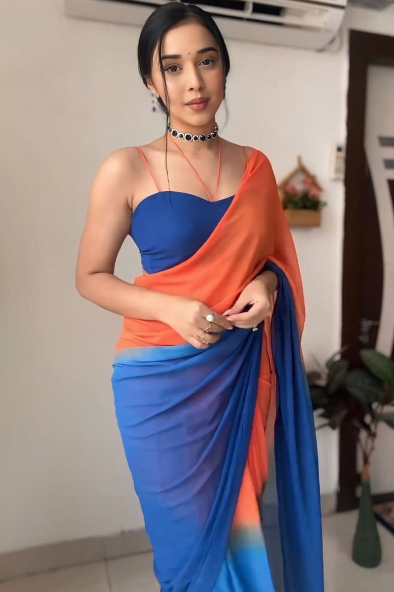 Elaborate 1-Minute Ready To Wear Orange and Blue Georgette Saree