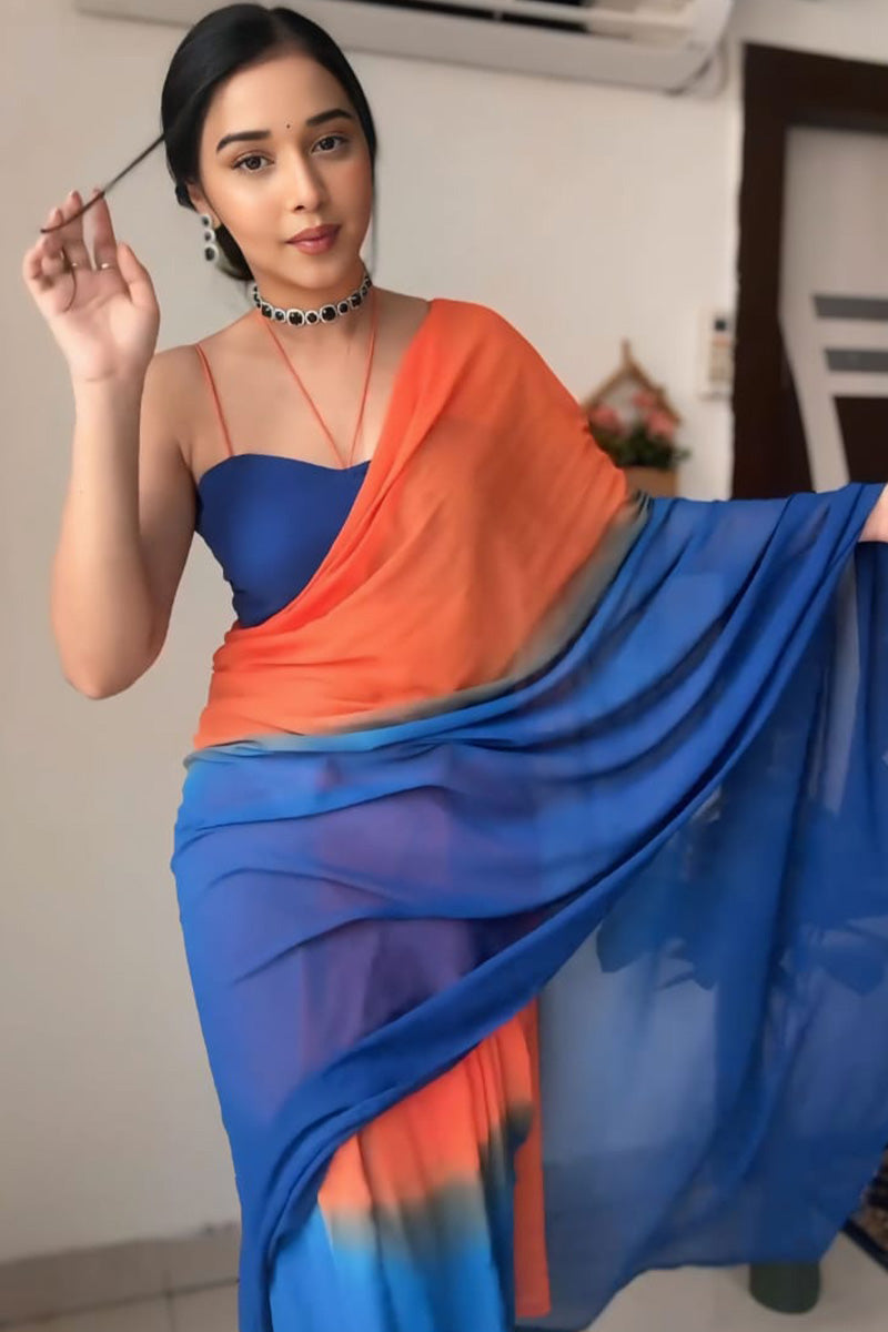 Elaborate 1-Minute Ready To Wear Orange and Blue Georgette Saree