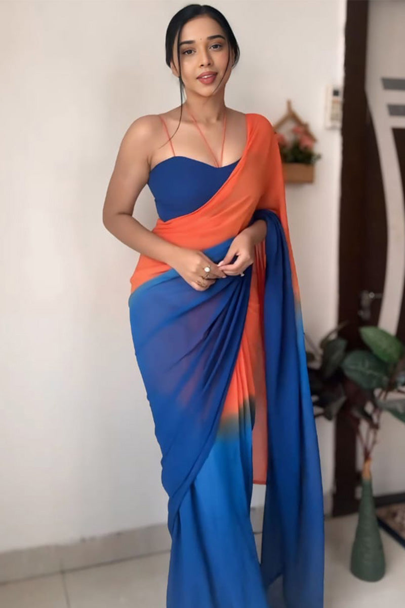 Elaborate 1-Minute Ready To Wear Orange and Blue Georgette Saree