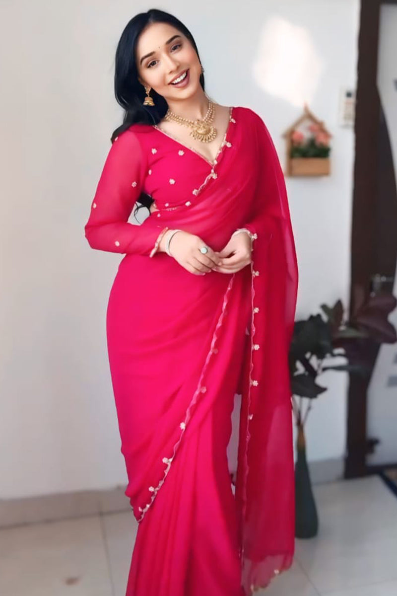 Fragrant 1-Minute Ready To Wear Dark Pink Georgette Saree