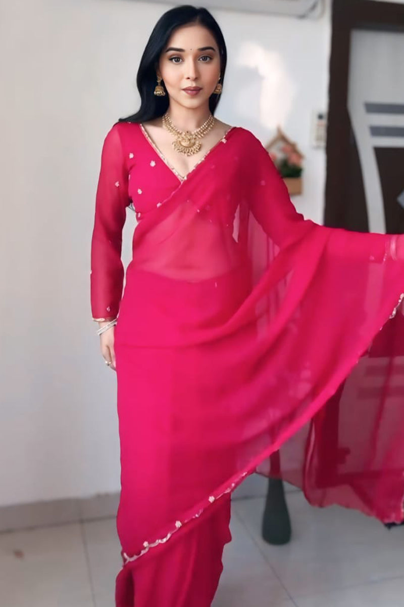 Fragrant 1-Minute Ready To Wear Dark Pink Georgette Saree