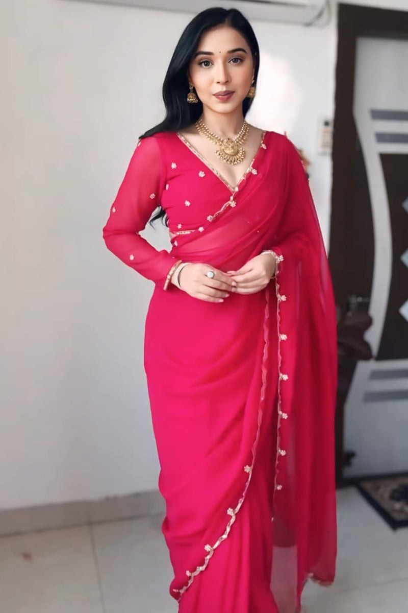 Fragrant 1-Minute Ready To Wear Dark Pink Georgette Saree