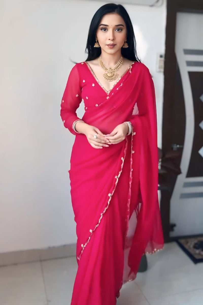 Fragrant 1-Minute Ready To Wear Dark Pink Georgette Saree