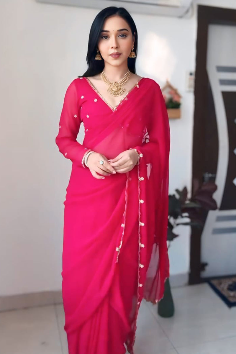 Fragrant 1-Minute Ready To Wear Dark Pink Georgette Saree