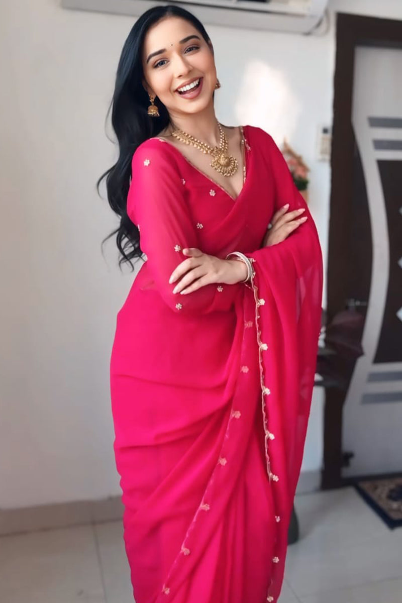 Fragrant 1-Minute Ready To Wear Dark Pink Georgette Saree