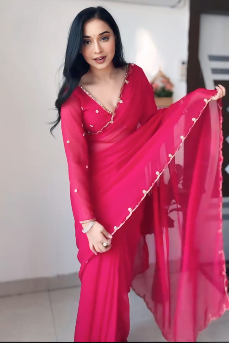 Fragrant 1-Minute Ready To Wear Dark Pink Georgette Saree