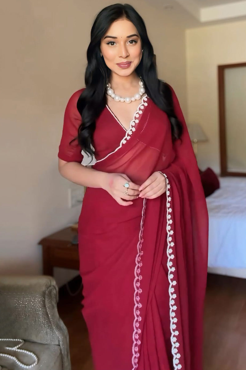 Most Blooming 1-Minute Ready To Wear Maroon Georgette Saree